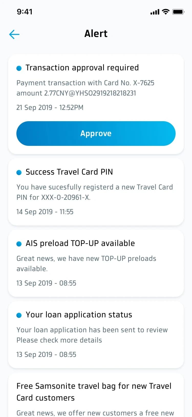 Notification inbox showing approval, status, and promotional messages