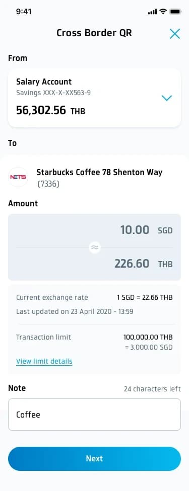 Cross-border payment screen showing source account, merchant, amounts, exchange rate, limits, and note