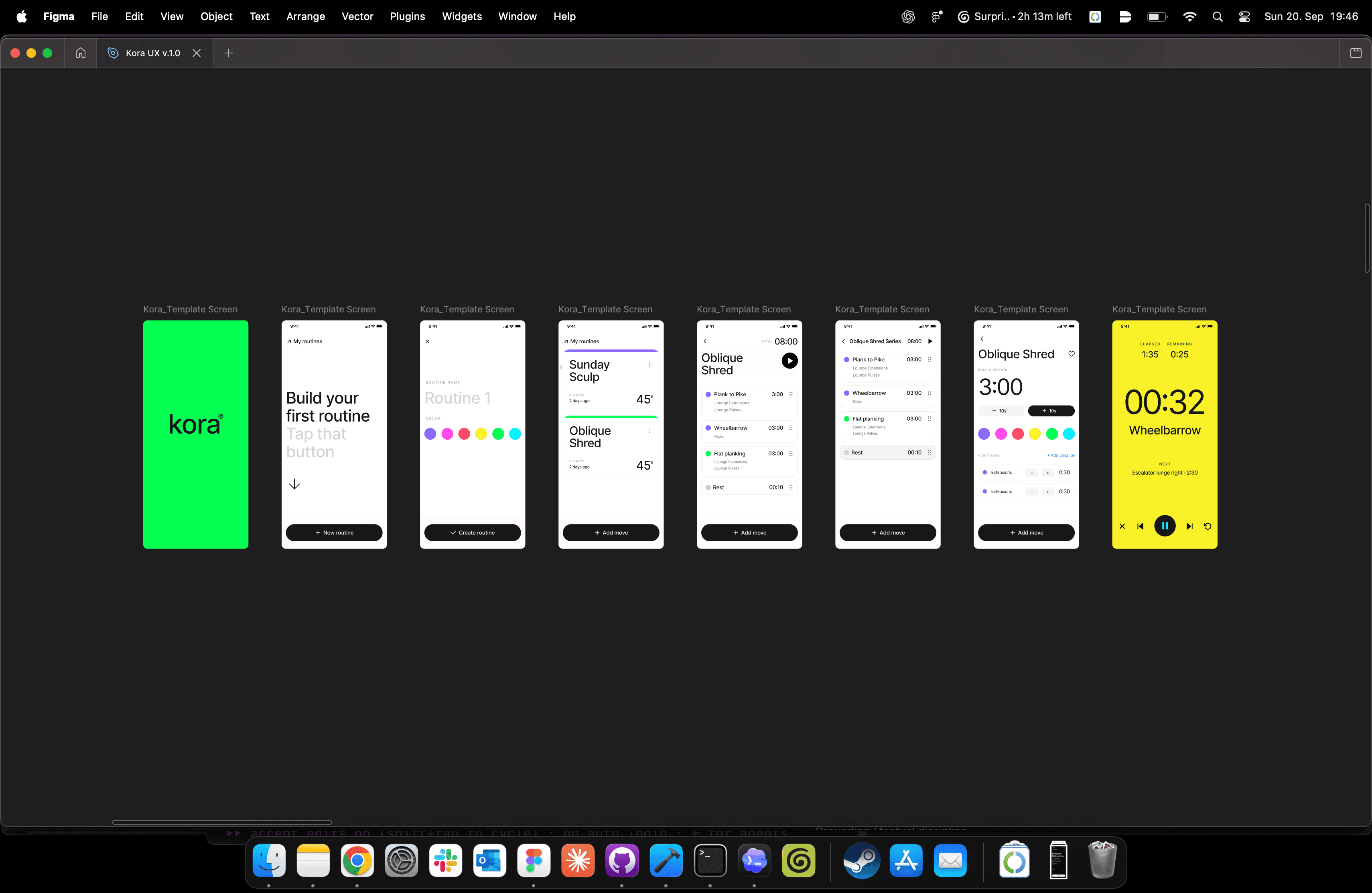 KORA screens in Figma from onboarding through the live player