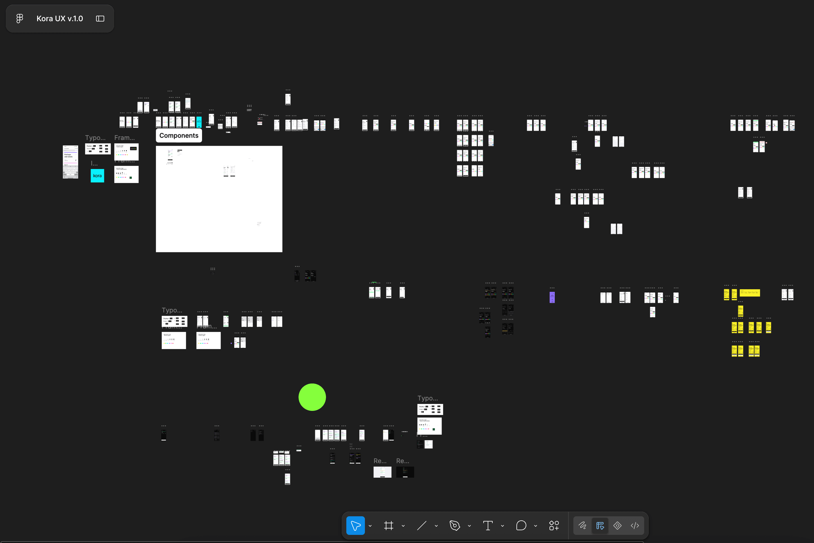Wide view of the KORA UX file in Figma