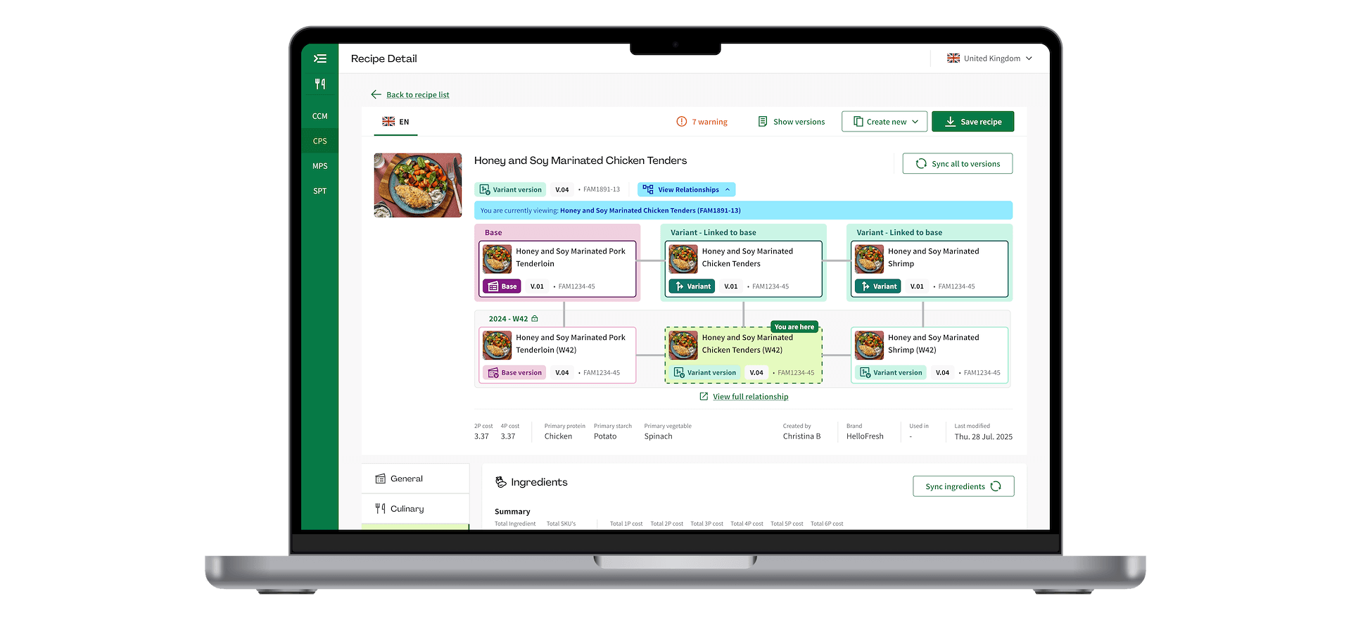 Recipe detail view showing the base recipe, linked variants, and planned versions in one hierarchy